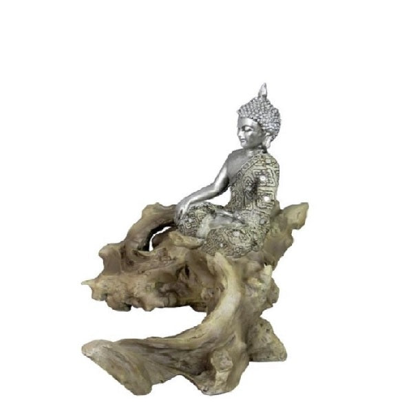 Silver Earth Touching Lotus Buddha Meditating On A Wooden Log