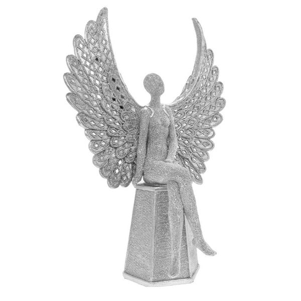 Silver Open Winged Mosaic Sitting Angel