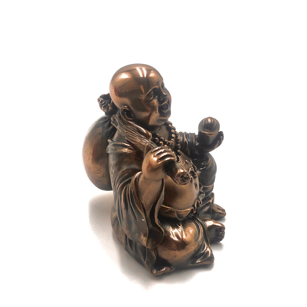Bronze Laughing Buddha Carrying A Money Bag And Holding A Gold Ingot