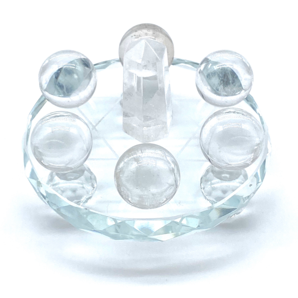 Star Of David Glass Crystal Grid Stand With Clear Quartz Point & Clear Quartz Spheres