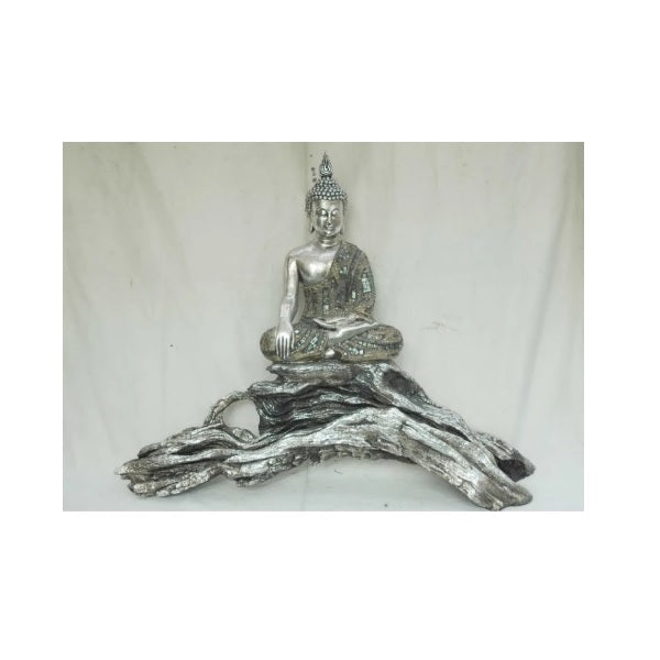 Silver Earth Touching Lotus Buddha Meditating On A Log